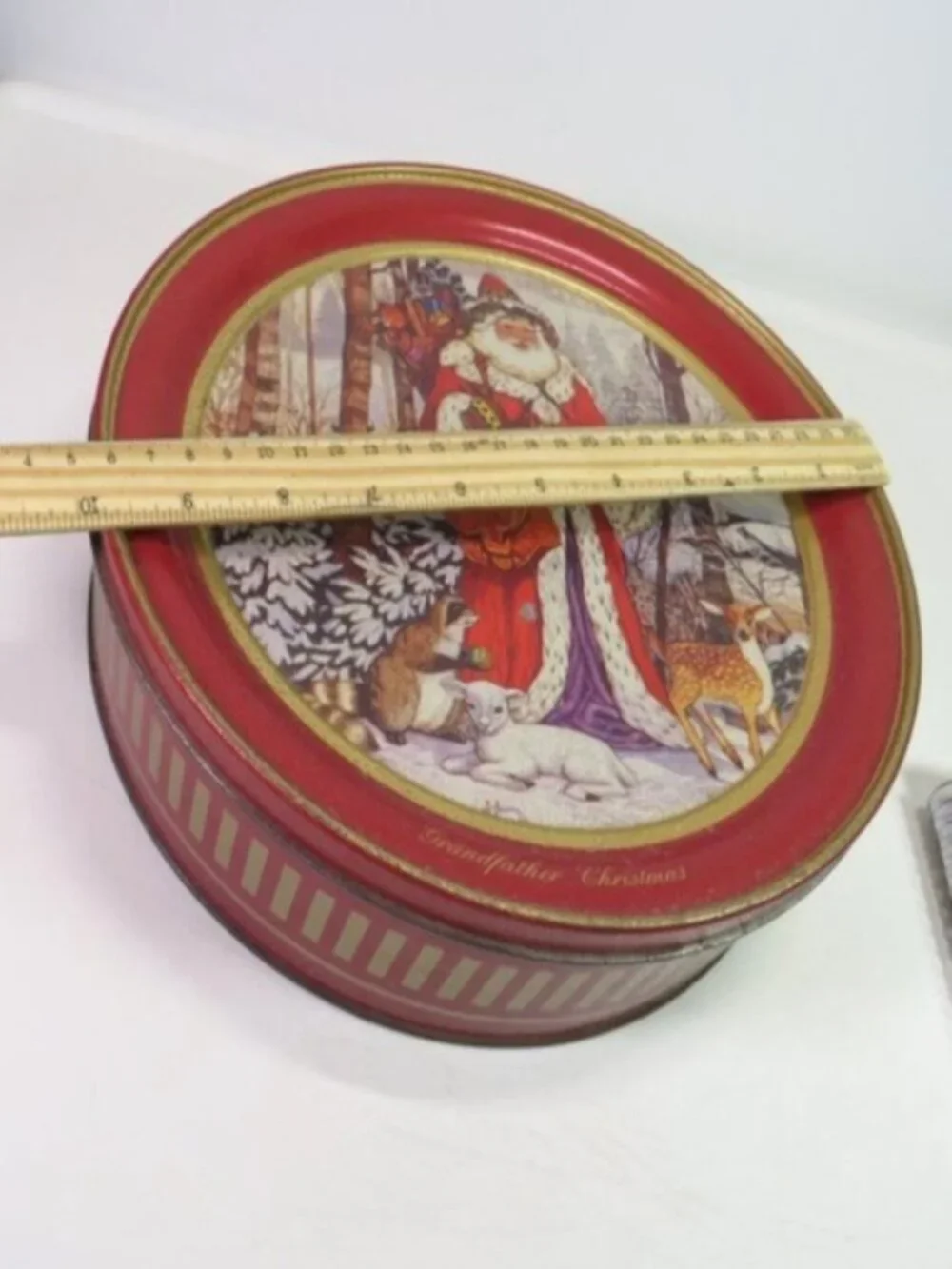 Vintage Grandfather Christmas Metal Tin – Woodland Santa Holiday Storage